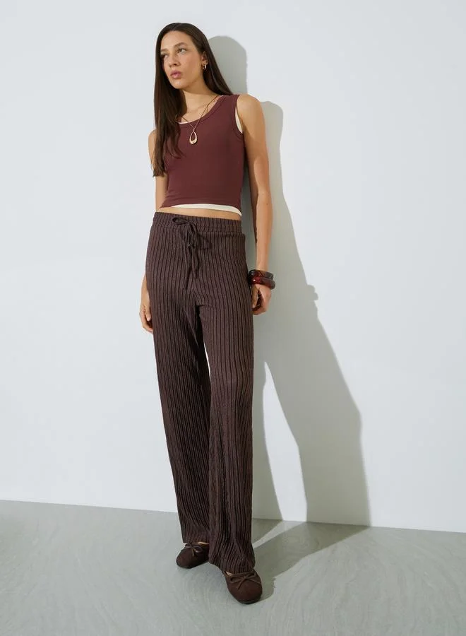 Styli Brown Textured Wide Leg Drawstring Pants