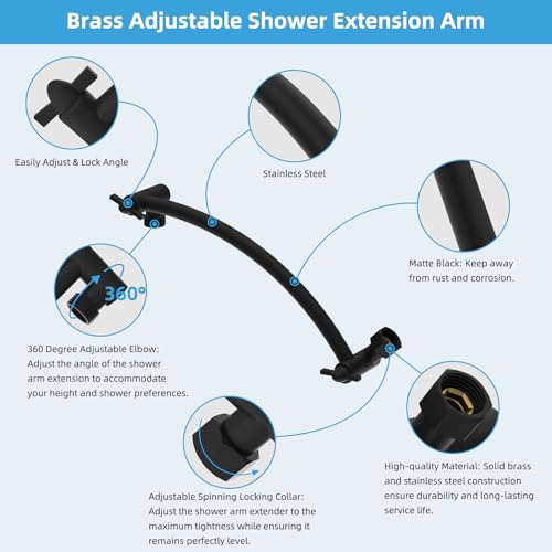 Hibbent All Metal 10 Shower Head Extension Arm Brass Flexible Height Angle Adjustable Shower Arm Extender with Lock Joint Universal Connection Stainless Steel Pipe Height Extending Matte Black - Image 3