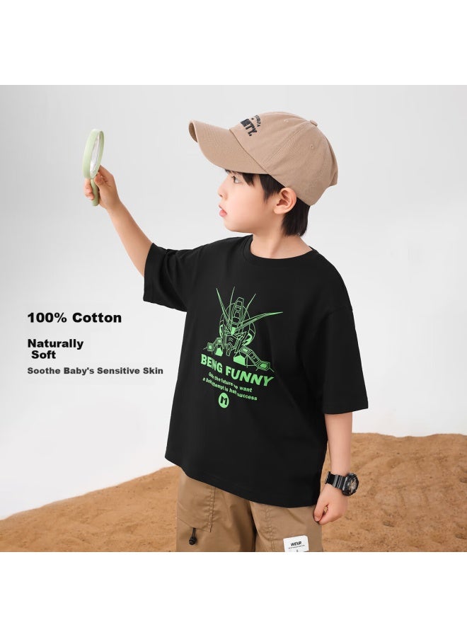 Zuoxi Boys' Short Sleeve T-shirt New Cotton Children's Cool Feeling Boys' Big Kids Top Half Sleeve Black 110 - Image 1