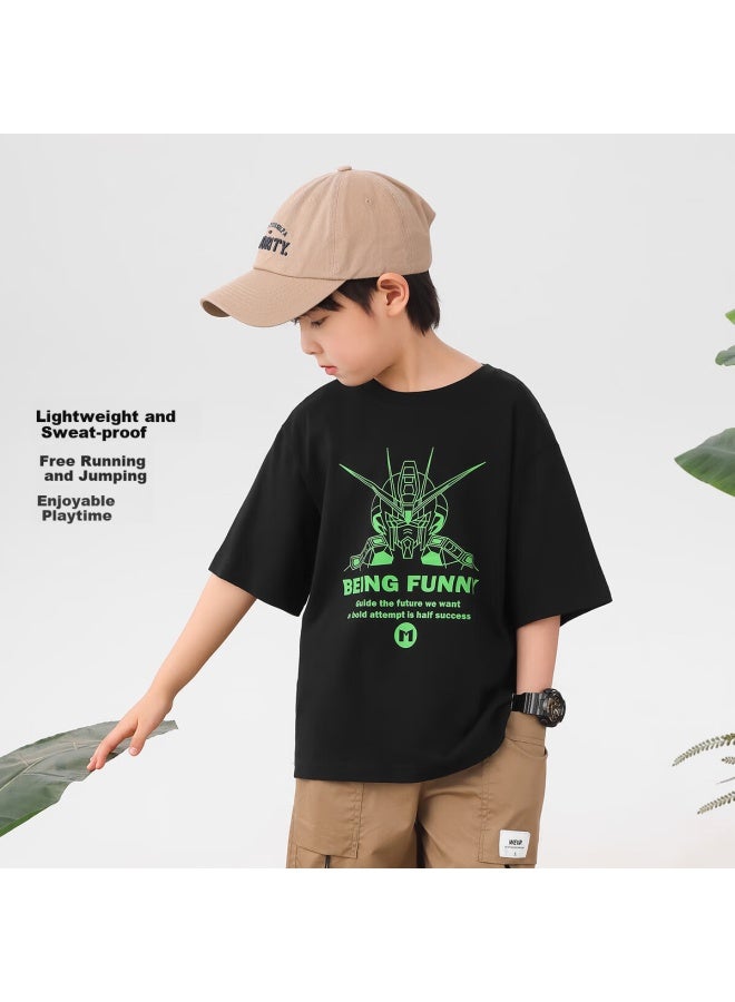 Zuoxi Boys' Short Sleeve T-shirt New Cotton Children's Cool Feeling Boys' Big Kids Top Half Sleeve Black 110 - Image 2