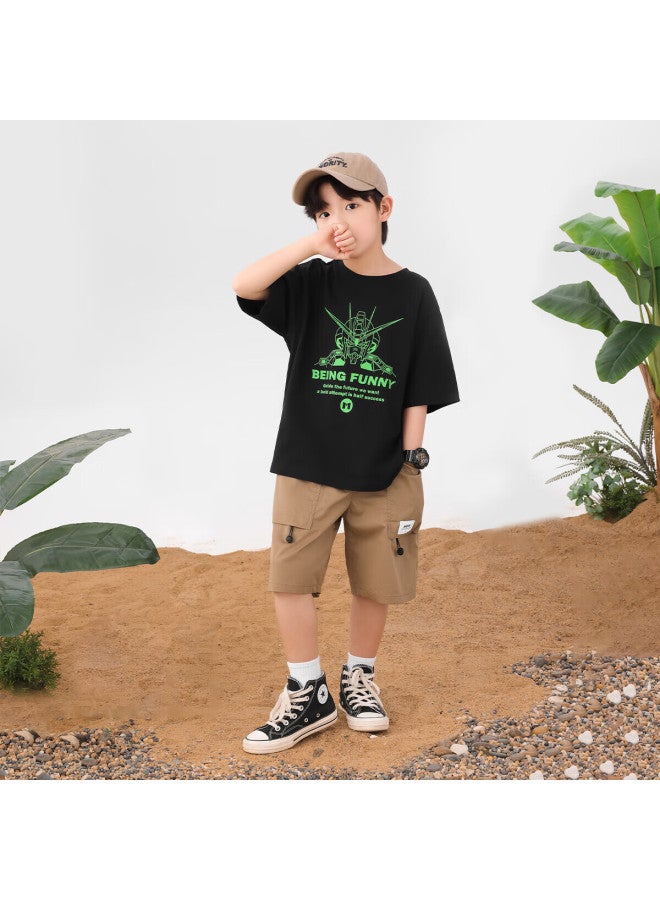 Zuoxi Boys' Short Sleeve T-shirt New Cotton Children's Cool Feeling Boys' Big Kids Top Half Sleeve Black 110 - Image 3