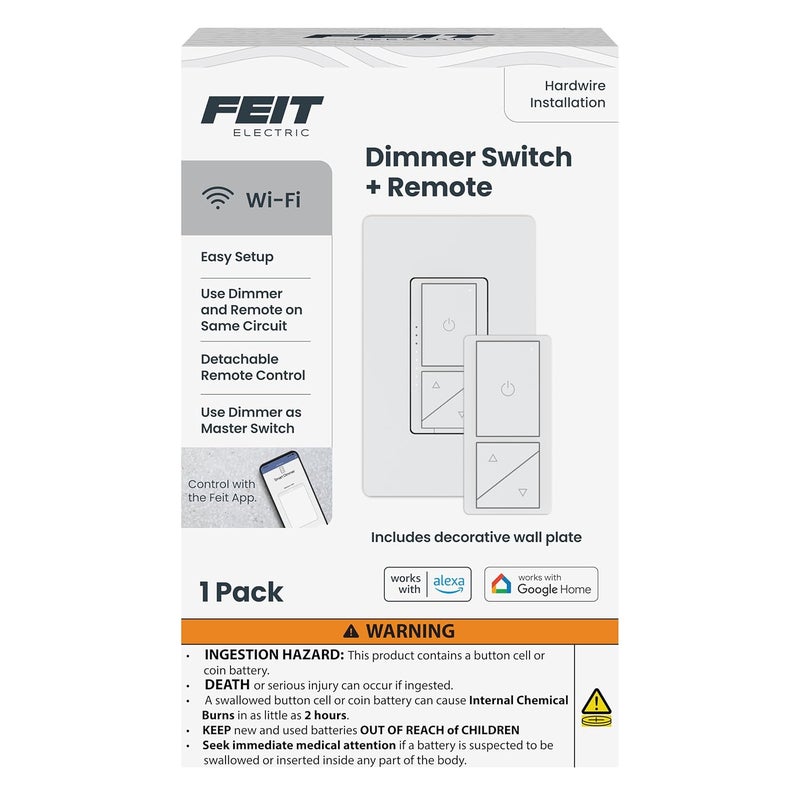 Feit Electric Smart WiFi Dimmer Switch with Remote, Single-Pole/3-Way/4-Way, Voice Control with Alexa & Google Asst, Wireless Wall-Mount Remote, App Control, Neutral Wire Required, DIM/Button/WiFi - Image 1