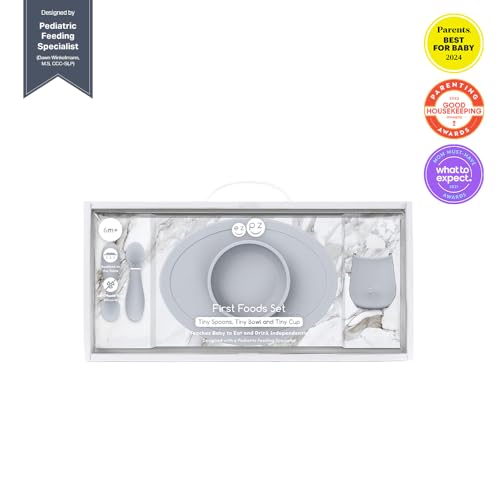 ezpz First Food Set - 100% Food Grade Silicone Suction Bowl with Built-in Placemat, Training Cup & Spoon - Designed by a Pediatric Feeding Specialist - Promotes Self Feeding - 6 Months+ (Pewter) - Image 3