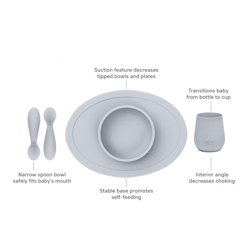 ezpz First Food Set - 100% Food Grade Silicone Suction Bowl with Built-in Placemat, Training Cup & Spoon - Designed by a Pediatric Feeding Specialist - Promotes Self Feeding - 6 Months+ (Pewter) - Image 4