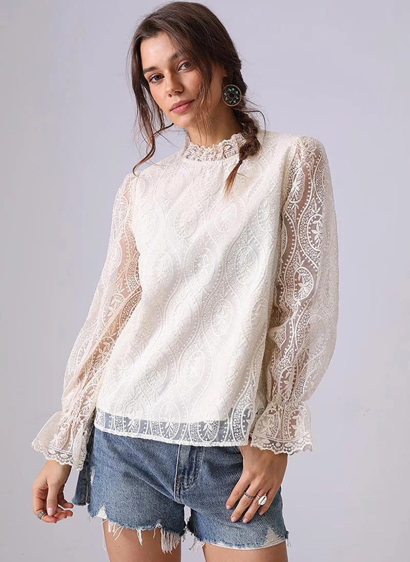 يونيكي Off White Round Neck Long Sleeves Regular Top