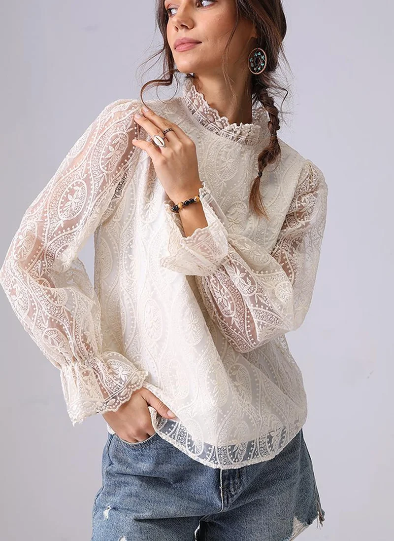 يونيكي Off White Round Neck Long Sleeves Regular Top