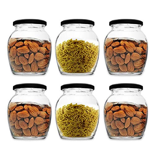 CROCO JAR Matka Glass Jar, Kitchen Container Storage Jar For Dry Fruit, Spices, Pickle With Airtight Black Lid (500 Ml, Pack Of 6) - Image 1