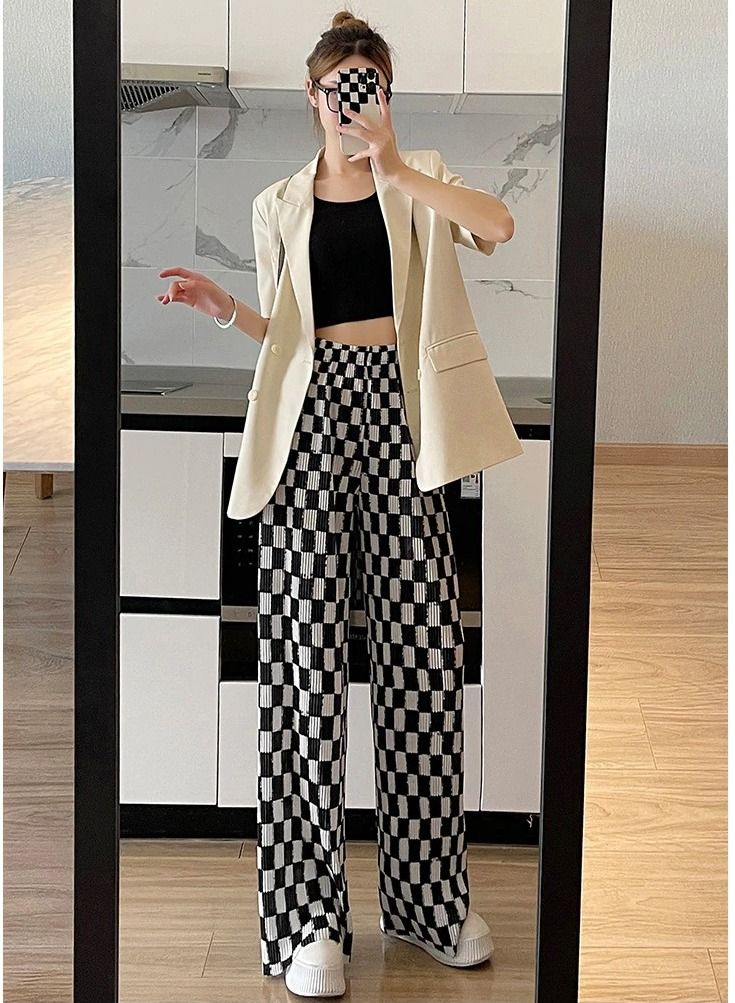 Retro Plaid Casual Flare Pants for Women 2022 High Waist Slim Straight Trousers Women's Black Button Pant.