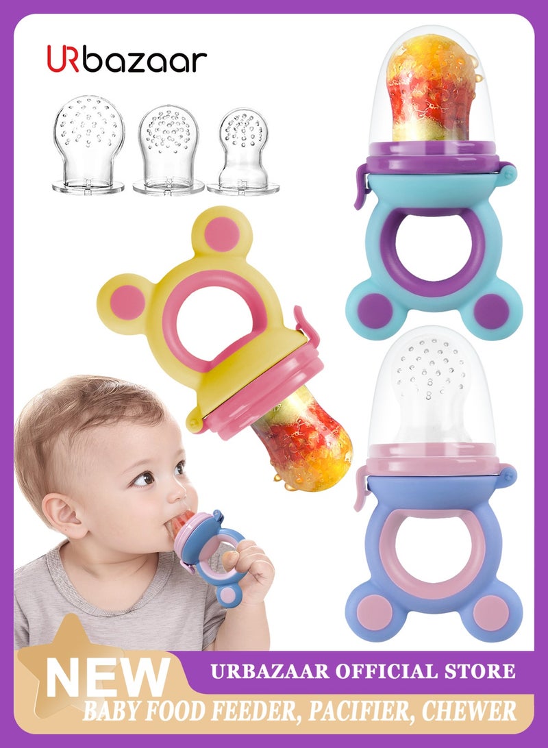 URbazaar 3 Pack Baby Fruit & Food Feeder Pacifier, Silicone Feeder Pacifier with 3 Sizes Pouches for Babies Toddlers Infants Kids, BPA-Free Food Grade Soft Safe  - Image 1