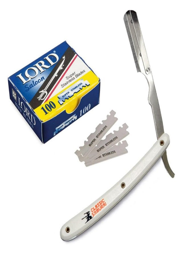 Classic Samurai Stainless Steel Professional Barber Straight Edge Razor with 100 Lord Single Edge Razor Blades (White) - Image 1