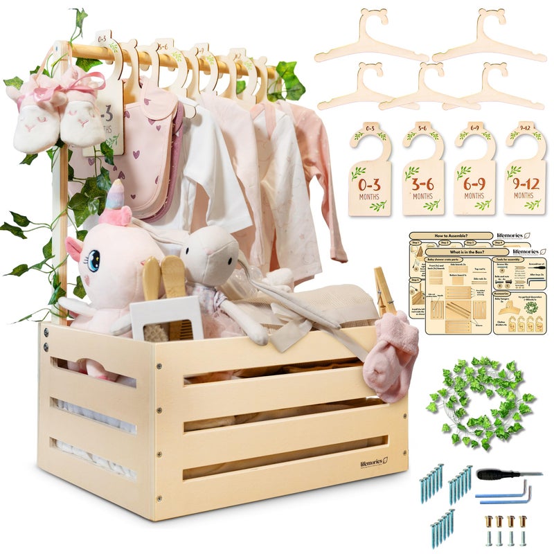 Lifemories Wooden Baby Shower Crate Closet with Clothes Hangers & Dividers, Large Gift Basket for Boys & Girls, Wood Box Storage & Display with Handles & Ivy Garland, Welcome Gifts for New Parents. - Image 1