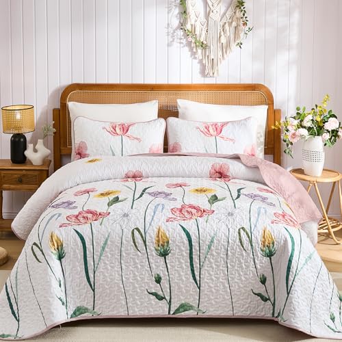WONGS BEDDING Pink Quilt Set King3 Pieces Colorful Delicate Floral Bedspread Set Soft Lightweight Reversible Bedding Coverlet with 2 Pillowcases110x90 - Image 1