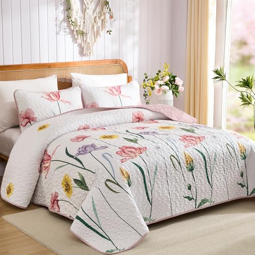 WONGS BEDDING Pink Quilt Set King3 Pieces Colorful Delicate Floral Bedspread Set Soft Lightweight Reversible Bedding Coverlet with 2 Pillowcases110x90 - Image 3
