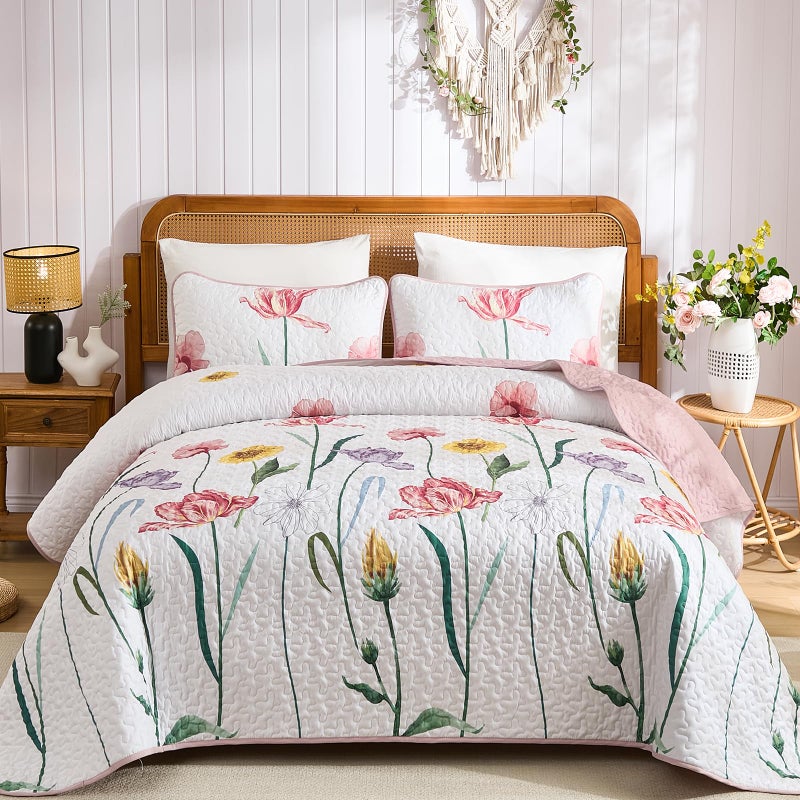 WONGS BEDDING Pink Quilt Set King3 Pieces Colorful Delicate Floral Bedspread Set Soft Lightweight Reversible Bedding Coverlet with 2 Pillowcases110x90 - Image 2