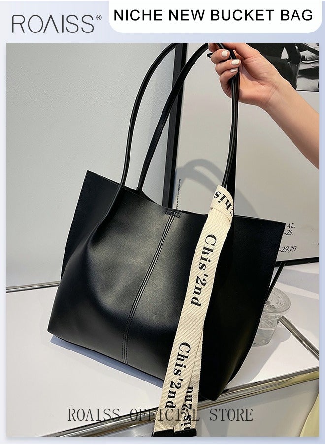 roaiss - Women's Large-Capacity Bag All-Match Commuter Shoulder Bag Student Tote Bag Retro Texture with Fashion Ribbon - Image 1