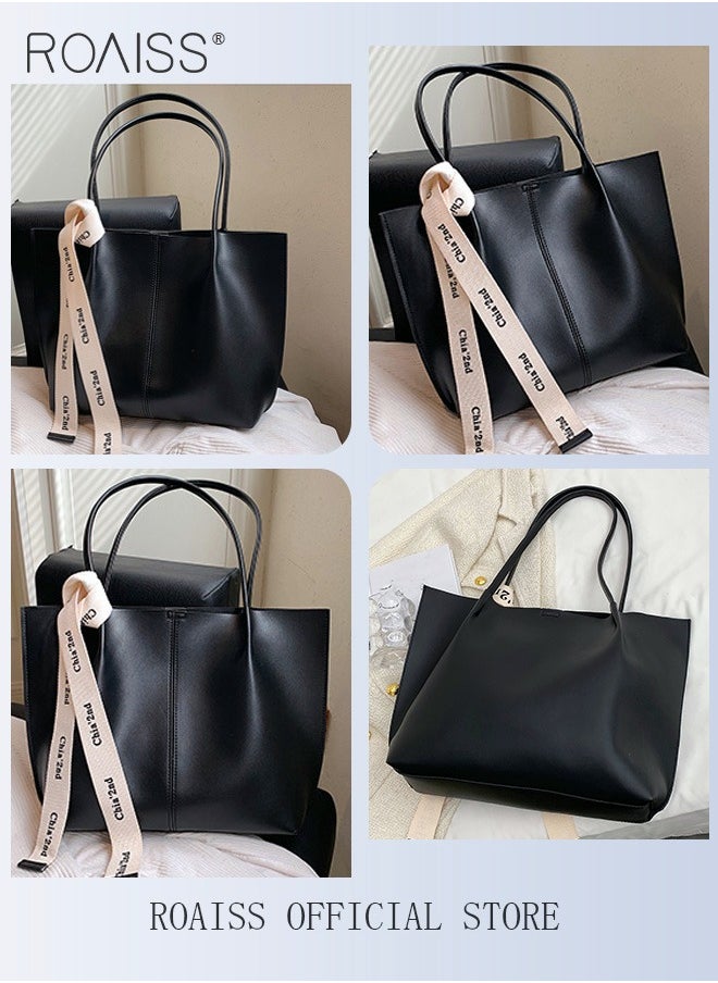 roaiss - Women's Large-Capacity Bag All-Match Commuter Shoulder Bag Student Tote Bag Retro Texture with Fashion Ribbon - Image 1