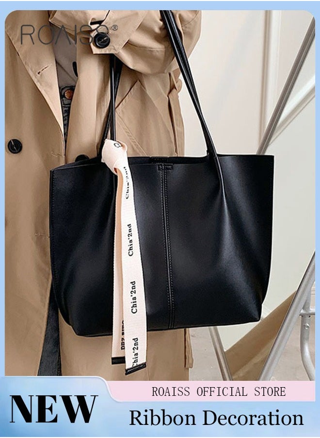 roaiss - Women's Large-Capacity Bag All-Match Commuter Shoulder Bag Student Tote Bag Retro Texture with Fashion Ribbon - Image 1