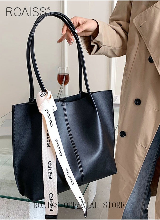 roaiss - Women's Large-Capacity Bag All-Match Commuter Shoulder Bag Student Tote Bag Retro Texture with Fashion Ribbon - Image 1
