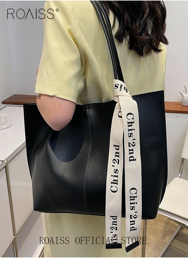 roaiss - Women's Large-Capacity Bag All-Match Commuter Shoulder Bag Student Tote Bag Retro Texture with Fashion Ribbon - Image 1
