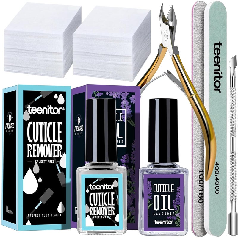 Teenitor Cuticle Softener Remover Cuticle Oil Nail Care Cuticle Remover Tools Set with Cuticle TrimmerCuticle PusherNail File Buffer Cuticle Nipper Lavender