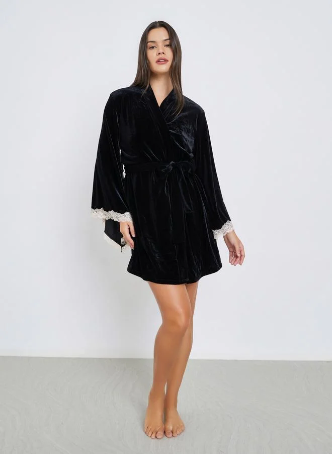 Styli Contrast Lace Trim Velvet Slip Dress with Robe
