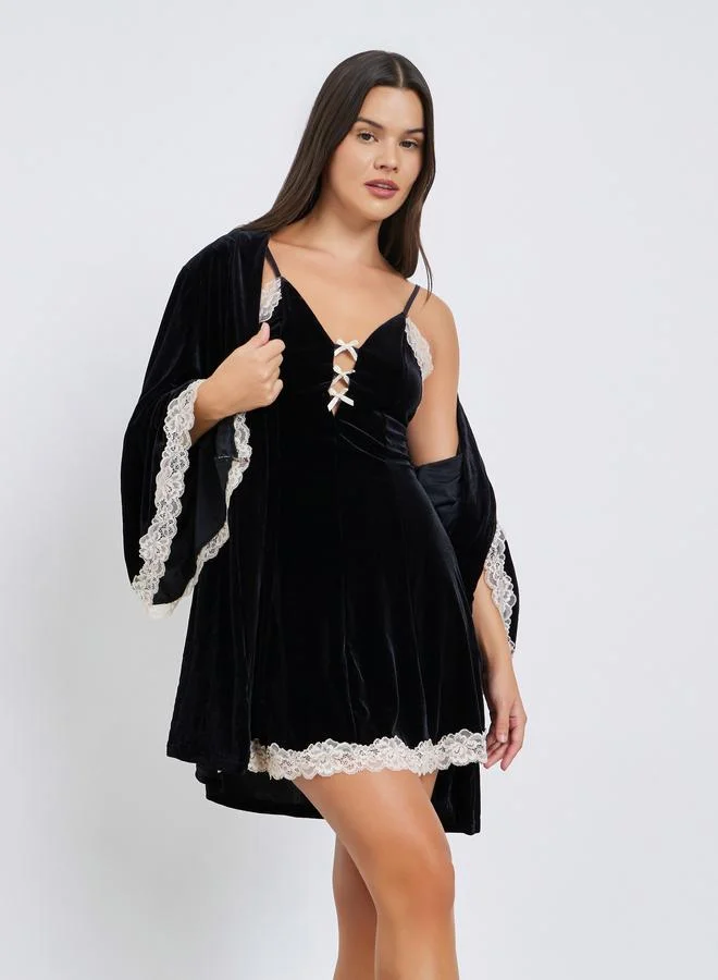 Styli Contrast Lace Trim Velvet Slip Dress with Robe