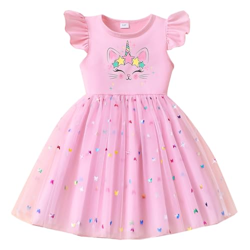 Akyzic Toddler Girls Sequin Rainbow Dress Cat Print Tutu Party Unicorn Birthday Pink Tulle Dress 5T - Image 1