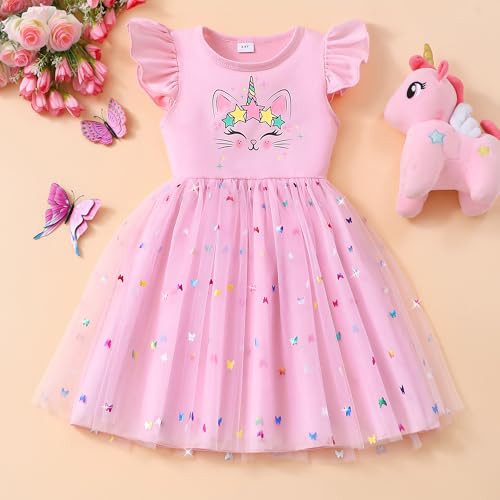 Akyzic Toddler Girls Sequin Rainbow Dress Cat Print Tutu Party Unicorn Birthday Pink Tulle Dress 5T - Image 3
