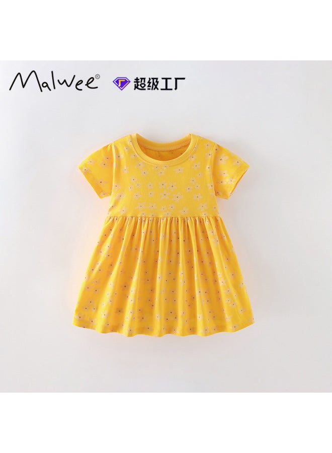 Yellow Malwee Summer New European Style Girls Round Neck Short Sleeve Fashion Dress