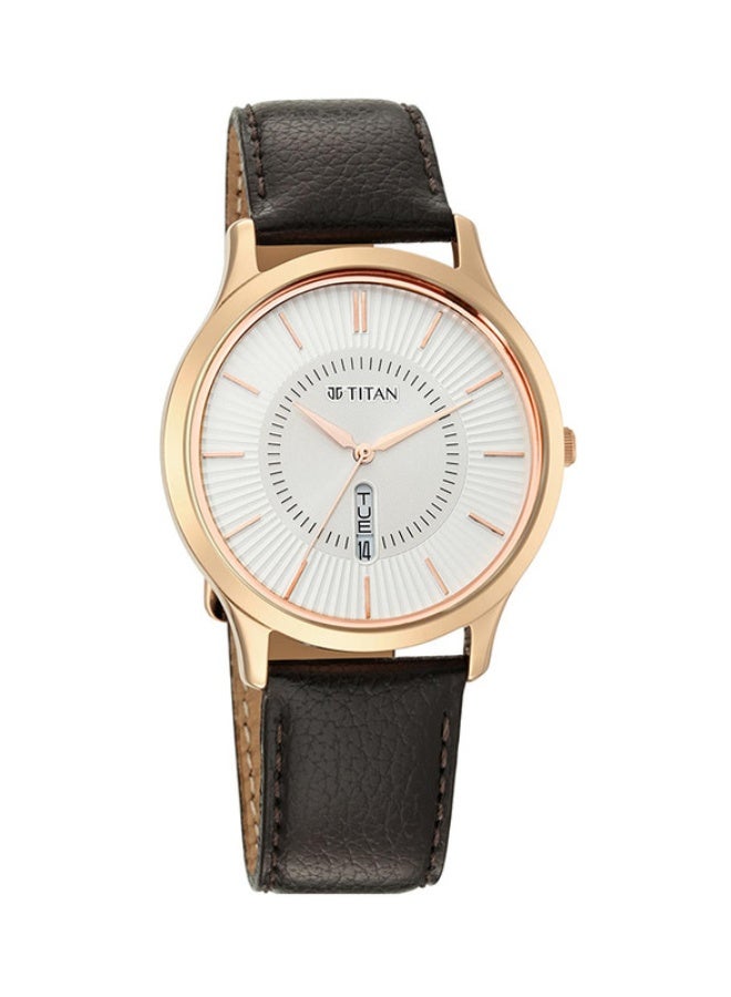 TITAN ساعة تيتان كاريشما متعددة الوظائف بقرص دائري أبيض وحزام جلد بني للرجال-1845WL01