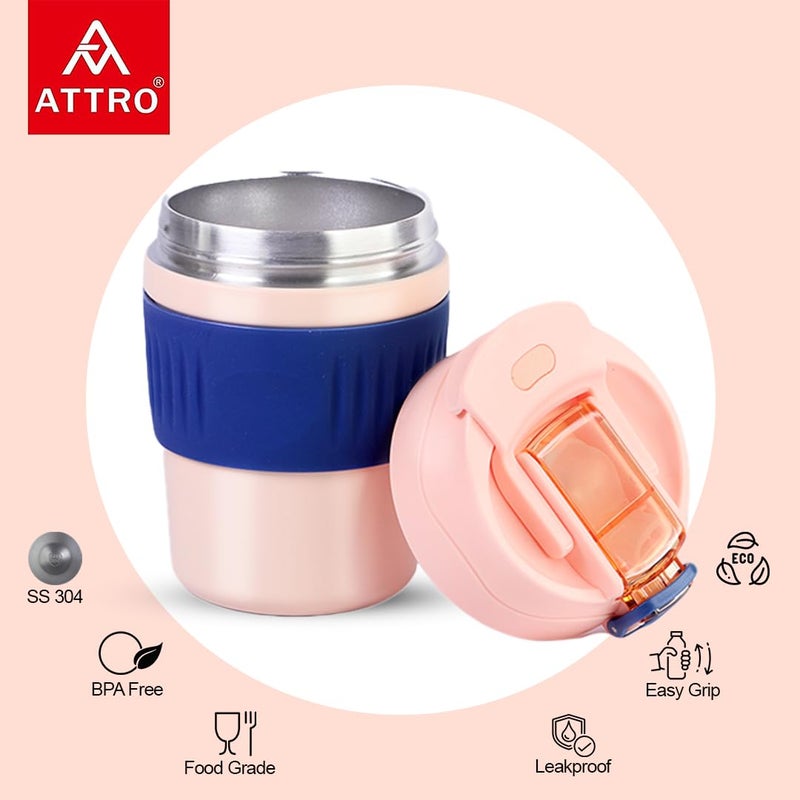 Attro Punch Coffee Travel Cup Insulated Vacuum Cup Comes with Two Convenient Drinking Options AntiSkid Bottom Stylish Functional Travel Friendly Ideal for Office Outdoor350ml Peaches Pink - Image 3