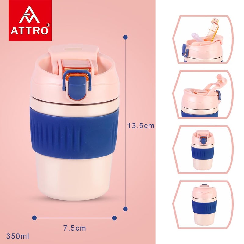 Attro Punch Coffee Travel Cup Insulated Vacuum Cup Comes with Two Convenient Drinking Options AntiSkid Bottom Stylish Functional Travel Friendly Ideal for Office Outdoor350ml Peaches Pink - Image 4