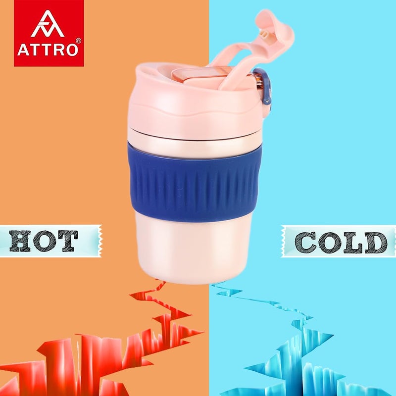 Attro Punch Coffee Travel Cup Insulated Vacuum Cup Comes with Two Convenient Drinking Options AntiSkid Bottom Stylish Functional Travel Friendly Ideal for Office Outdoor350ml Peaches Pink - Image 2