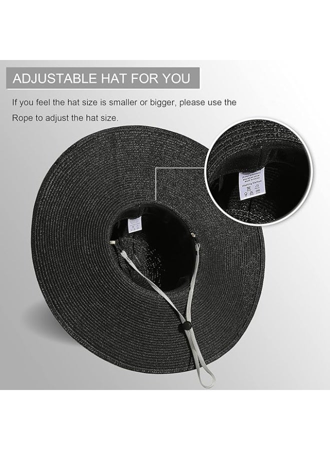 Lanzom Womens Wide Brim Straw Hat Big Floppy Foldable Roll up Cap Beach Sun Hat UPF 50+(Twine-Black) - Image 4