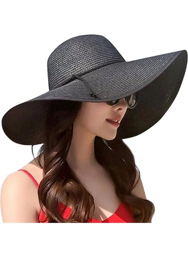 Lanzom Womens Wide Brim Straw Hat Big Floppy Foldable Roll up Cap Beach Sun Hat UPF 50+(Twine-Black) - Image 1