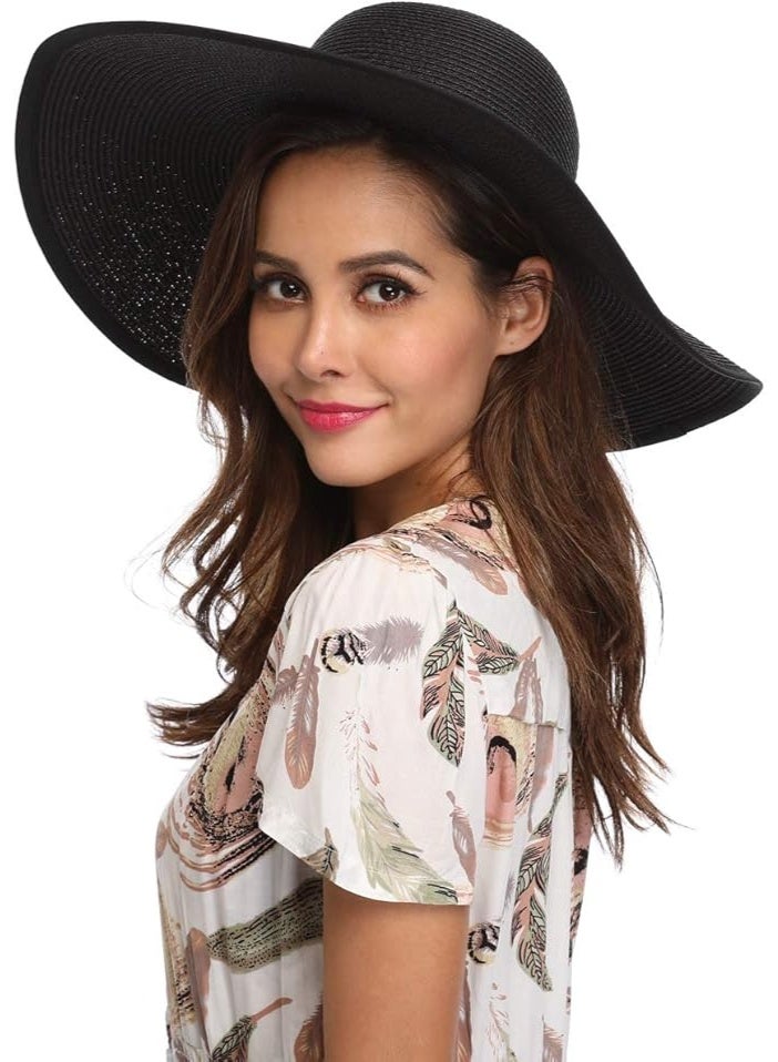 Lanzom Womens Wide Brim Straw Hat Big Floppy Foldable Roll up Cap Beach Sun Hat UPF 50+(Twine-Black) - Image 2