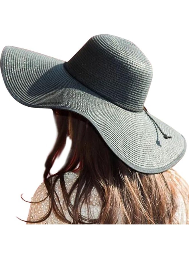 Lanzom Womens Wide Brim Straw Hat Big Floppy Foldable Roll up Cap Beach Sun Hat UPF 50+(Twine-Black) - Image 3