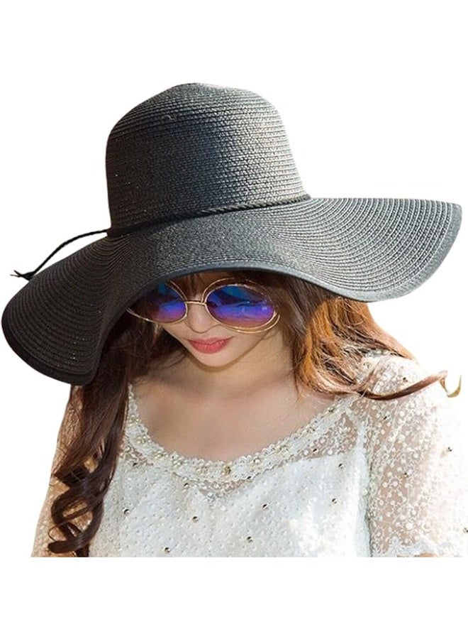 Lanzom Womens Wide Brim Straw Hat Big Floppy Foldable Roll up Cap Beach Sun Hat UPF 50+(Twine-Black) - Image 5