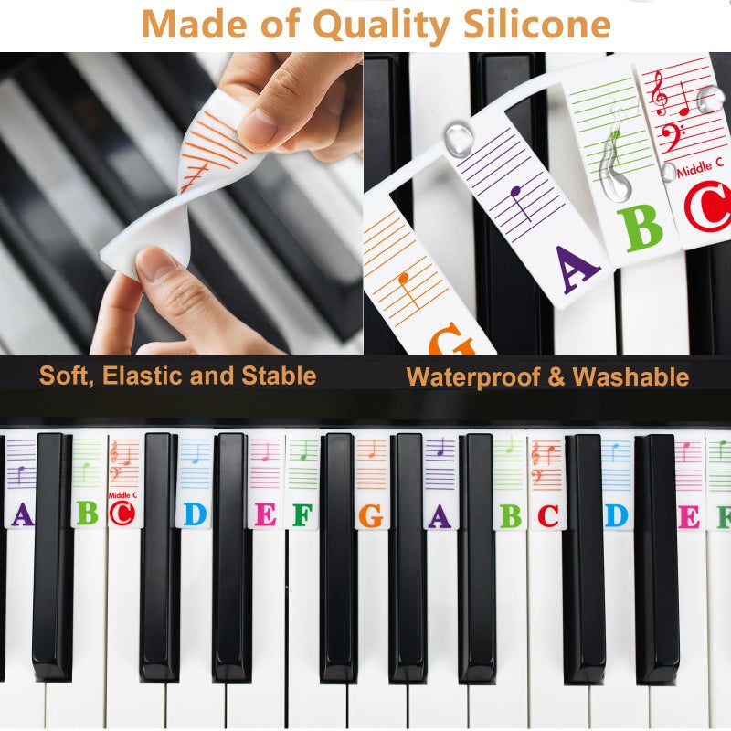 Azymi Piano Notes Guide for Beginners, Removable Keyboard Labels for 88/76/ 61/54/ 49/37 Keys Reusable Silicone Strips Black Larger Bold Letters for Kids - Image 3