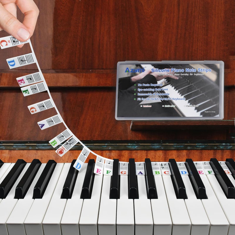 Azymi Piano Notes Guide for Beginners, Removable Keyboard Labels for 88/76/ 61/54/ 49/37 Keys Reusable Silicone Strips Black Larger Bold Letters for Kids - Image 1