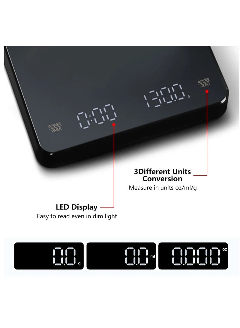 INVEIN Professional Digital Coffee Scale with Hidden LED Display and Timer - Electronic Coffee Scale with USB Type-C Charging - Espresso Scale with 0.1g / 3kg Measurement Range - Image 4