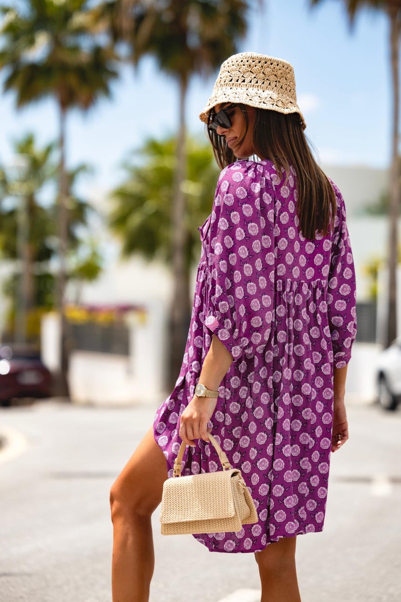 miduo Womens Casual Dresses Summer Half Sleeve V Neck Floral Bohemian Dress Boho Beach Mini Babydoll Shift Shirt Dress Purple M - Image 5