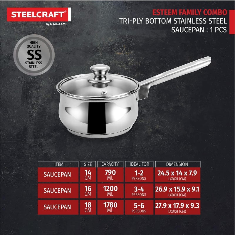Steelcraft Steelcraft Premium Stainless Steel Esteem Saucepan with Glass lid 14 cm 790ml Induction Friendly Cook and Serve for Multipurpose Cooking Silver Set of 1 - Image 2