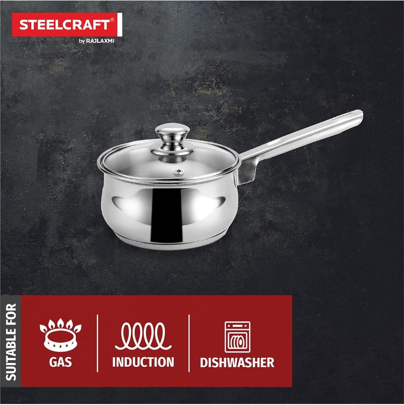 Steelcraft Steelcraft Premium Stainless Steel Esteem Saucepan with Glass lid 14 cm 790ml Induction Friendly Cook and Serve for Multipurpose Cooking Silver Set of 1 - Image 3