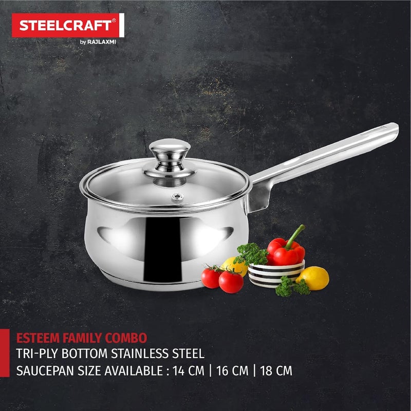 Steelcraft Steelcraft Premium Stainless Steel Esteem Saucepan with Glass lid 14 cm 790ml Induction Friendly Cook and Serve for Multipurpose Cooking Silver Set of 1 - Image 5