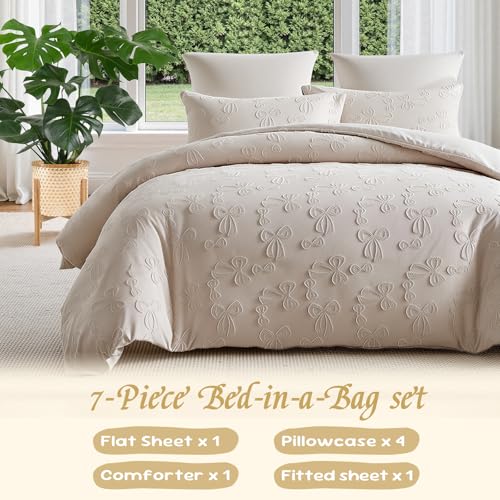Jameswish 7 Pieces Bow Comforter Set for Girls Khaki Tufted Boho Bedding Set Queen Size Farmhouse Bed in A Bag as Gifts (1 Comforter, 1 Flat Sheet, 1 Fitted Sheet, 2 Pillowcase and 2 Pillow Sham) - Image 4