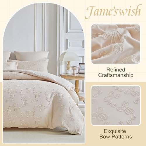 Jameswish 7 Pieces Bow Comforter Set for Girls Khaki Tufted Boho Bedding Set Queen Size Farmhouse Bed in A Bag as Gifts (1 Comforter, 1 Flat Sheet, 1 Fitted Sheet, 2 Pillowcase and 2 Pillow Sham) - Image 2