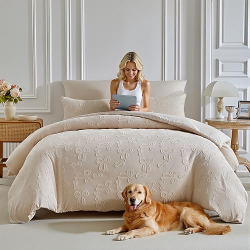 Jameswish 7 Pieces Bow Comforter Set for Girls Khaki Tufted Boho Bedding Set Queen Size Farmhouse Bed in A Bag as Gifts (1 Comforter, 1 Flat Sheet, 1 Fitted Sheet, 2 Pillowcase and 2 Pillow Sham) - Image 5