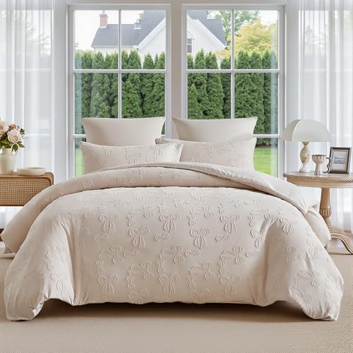 Jameswish 7 Pieces Bow Comforter Set for Girls Khaki Tufted Boho Bedding Set Queen Size Farmhouse Bed in A Bag as Gifts (1 Comforter, 1 Flat Sheet, 1 Fitted Sheet, 2 Pillowcase and 2 Pillow Sham) - Image 1