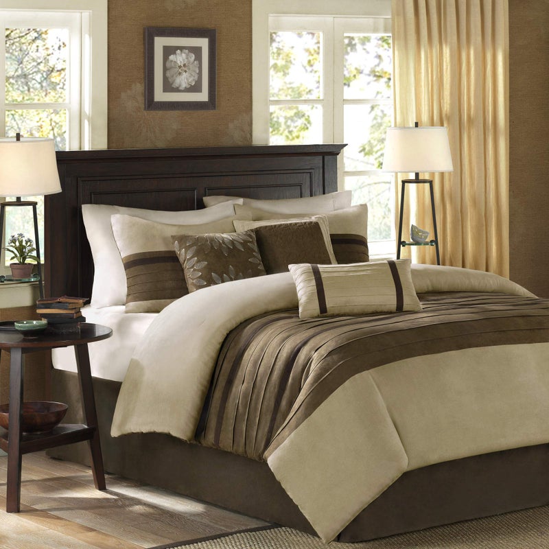 madison park Madison Park Palmer Comforter Set  Faux Suede Design Striped Accent All Season Down Alternative Bedding Matching Shams Decorative Pillow Bed Skirt Full 82 in x 90 in Natural 7 Piece 